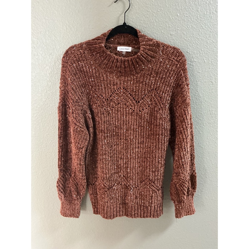 Calvin Klein Sweater Womens Large Brown Excellent Mock Neck Chenille Pointelle